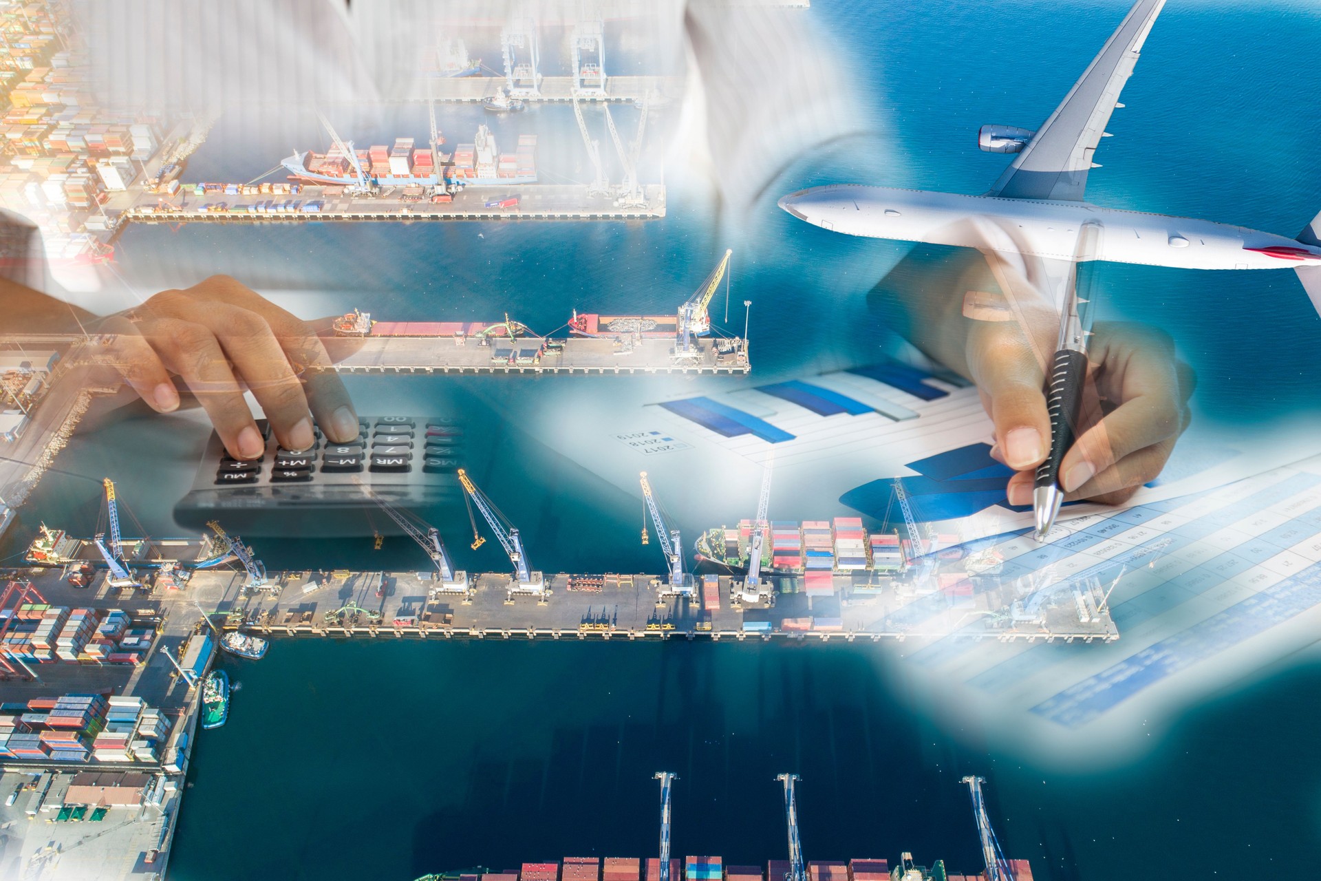 Container ships and transport aircraft in the export and import business and logistics international goods. business woman graph chart with calculator. Double exposure.